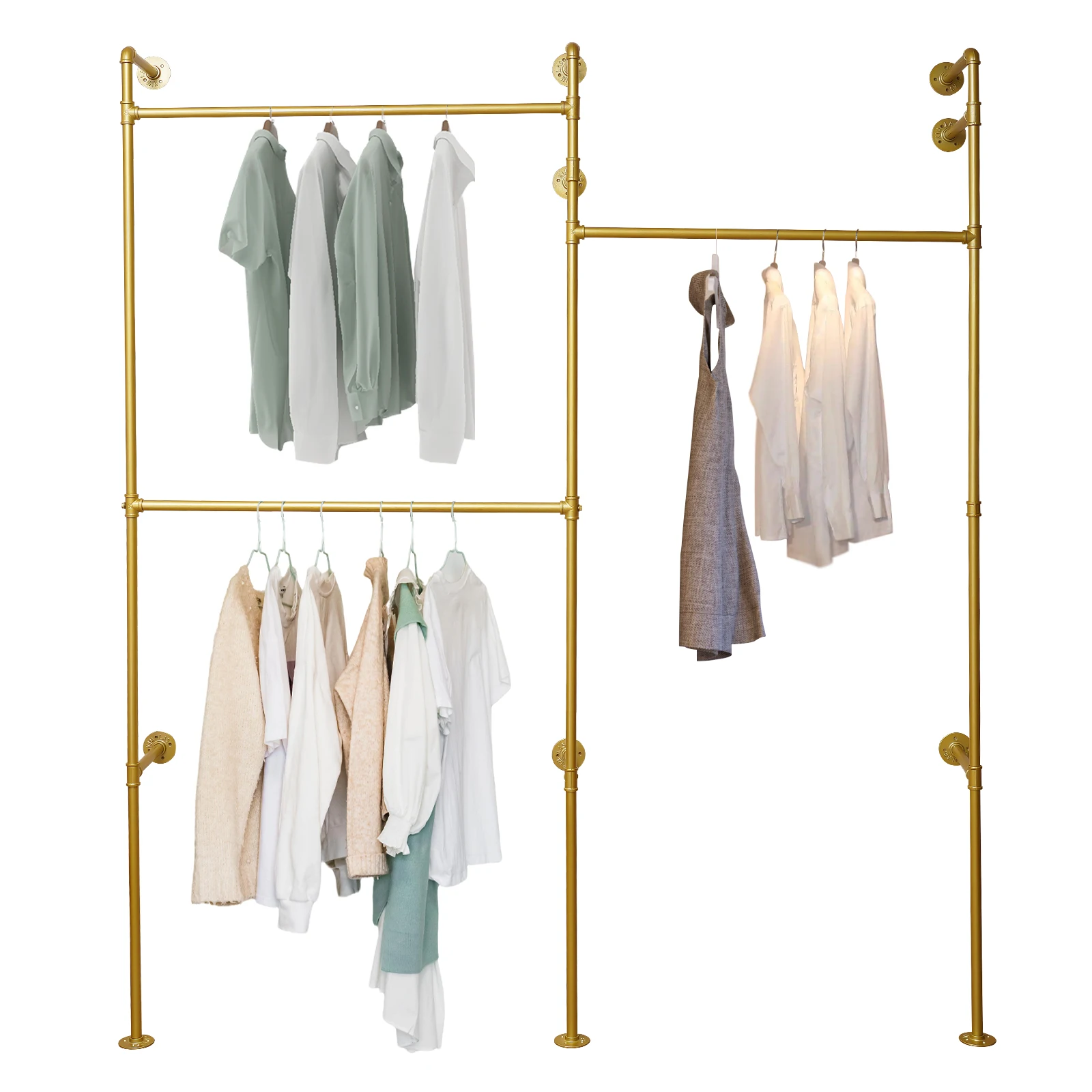 Gold 3-Tier Clothing Rack Wall Mounted Industrial Pipe Garment Rack Heavy Duty Metal Garment Frame for Home Clothing Store Hotel