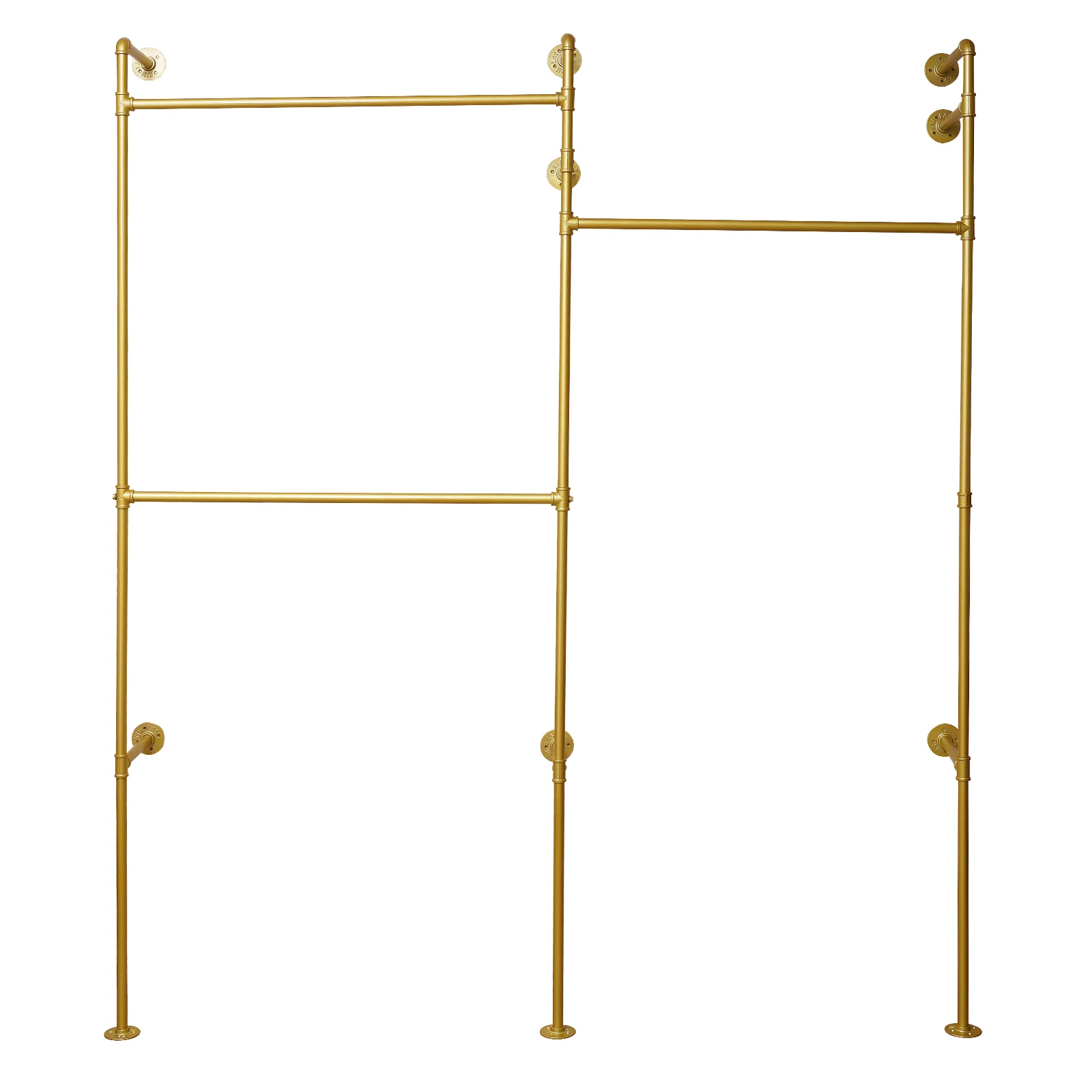 Gold 3-Tier Clothing Rack Wall Mounted Industrial Pipe Garment Rack Heavy Duty Metal Garment Frame for Home Clothing Store Hotel