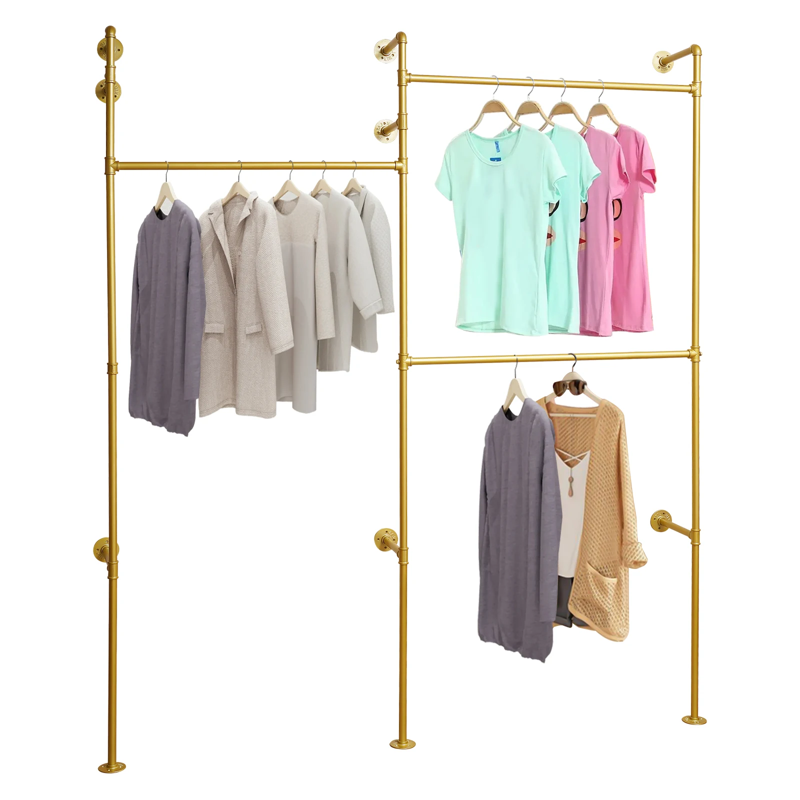 Gold 3-Tier Clothing Rack Wall Mounted Industrial Pipe Garment Rack Heavy Duty Metal Garment Frame for Home Clothing Store Hotel