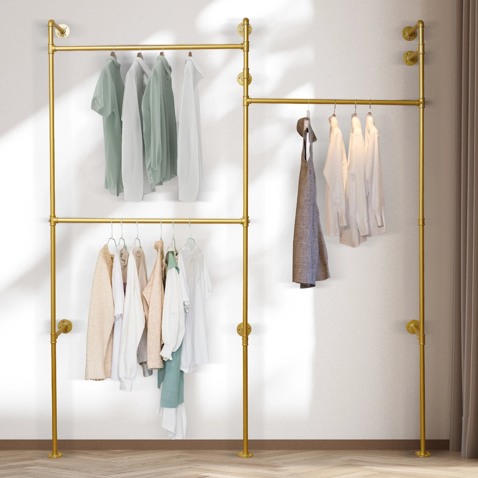 Gold 3-Tier Clothing Rack Wall Mounted Industrial Pipe Garment Rack Heavy Duty Metal Garment Frame for Home Clothing Store Hotel