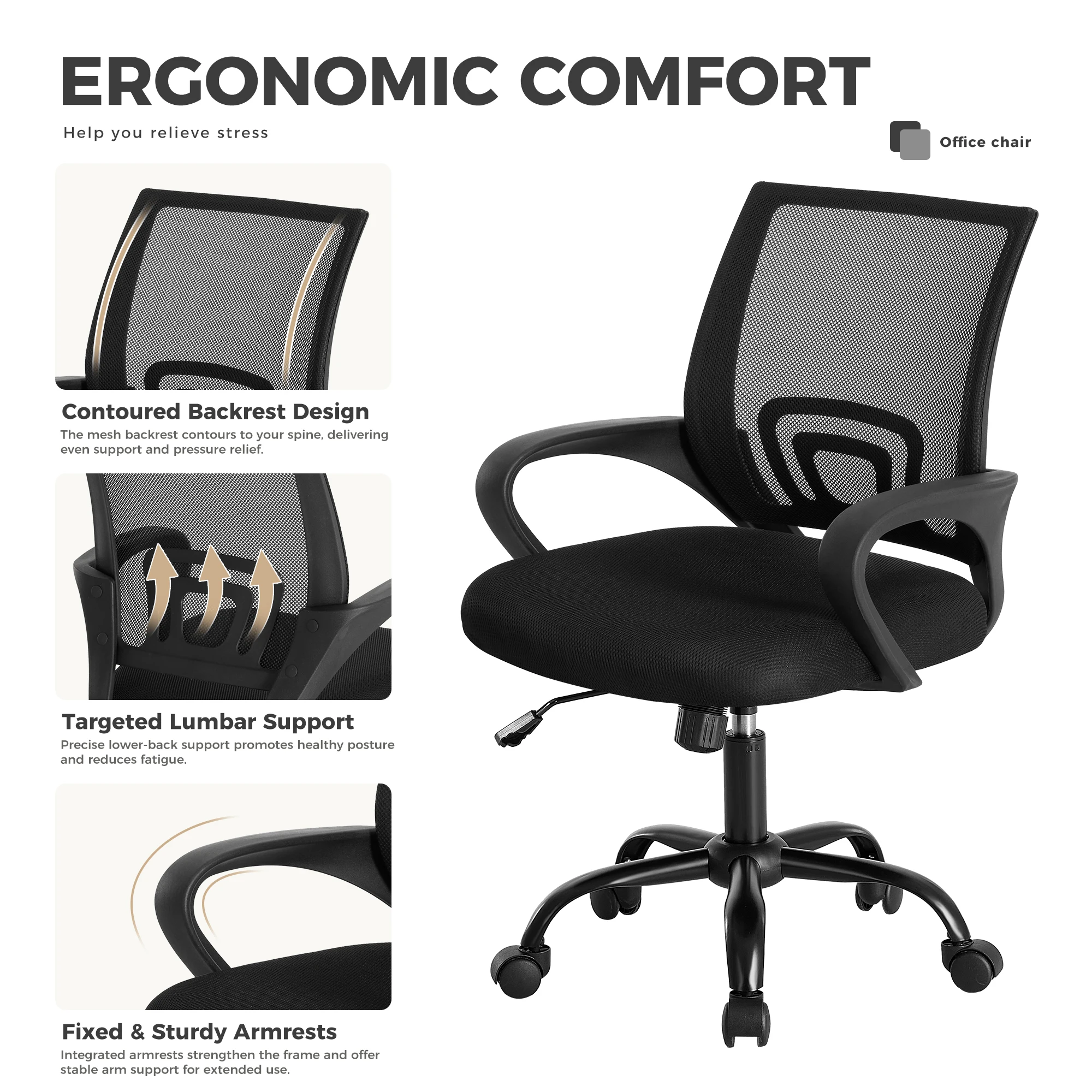JHK Ergonomic Office Desk Gaming Chair Mid Back with Lumbar Support Rocking Mode Height Adjustable with Fixed Armrest For Office