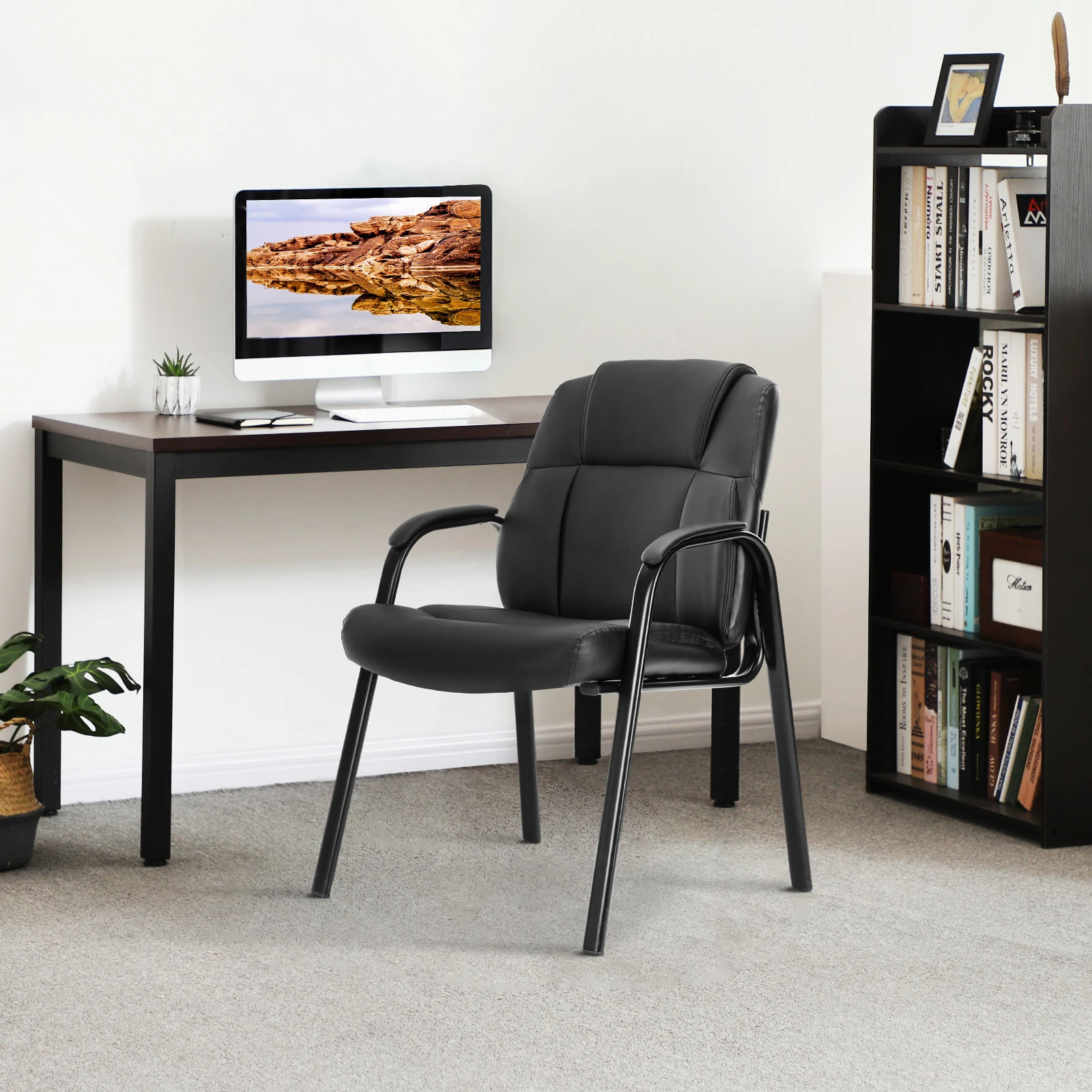 JHK PU Leather Padded Backrest Office Chair Living Room Ergonomic Waterproof Waiting Room Seat Thickened Sponge Cushion Arms
