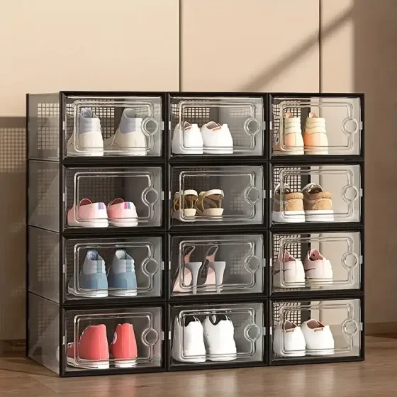 6/12/24 piece transparent plastic stackable shoe storage box for multi-purpose, foldable shoe rack with lid