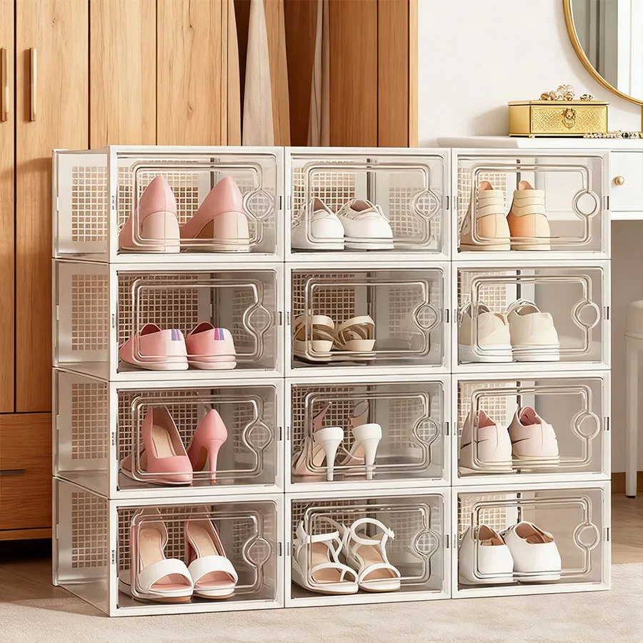 6/12/24 piece transparent plastic stackable shoe storage box for multi-purpose, foldable shoe rack with lid