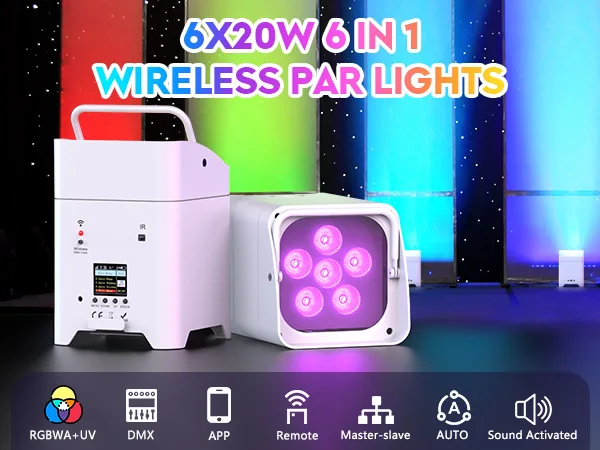 U'King 4PCS RGBWA+UV LED Par Light with Bag 6x18W DMX Stage Light Rechargeable Built-in Battery Wireless Par Light Dyeing Light