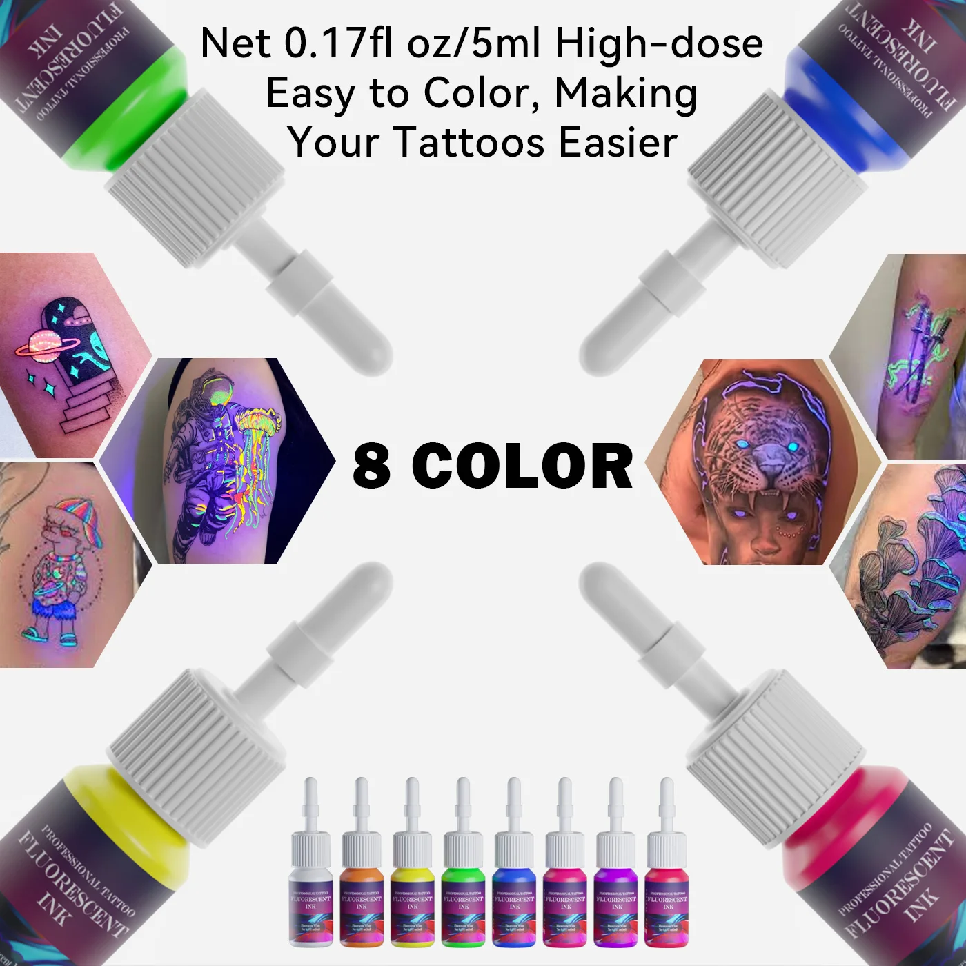 DM 8PCS 5ml Fluorescent Tattoo Ink Set Professional Tattoo Pigment Tattoo Painting Tattoo Supplies Professional Supply