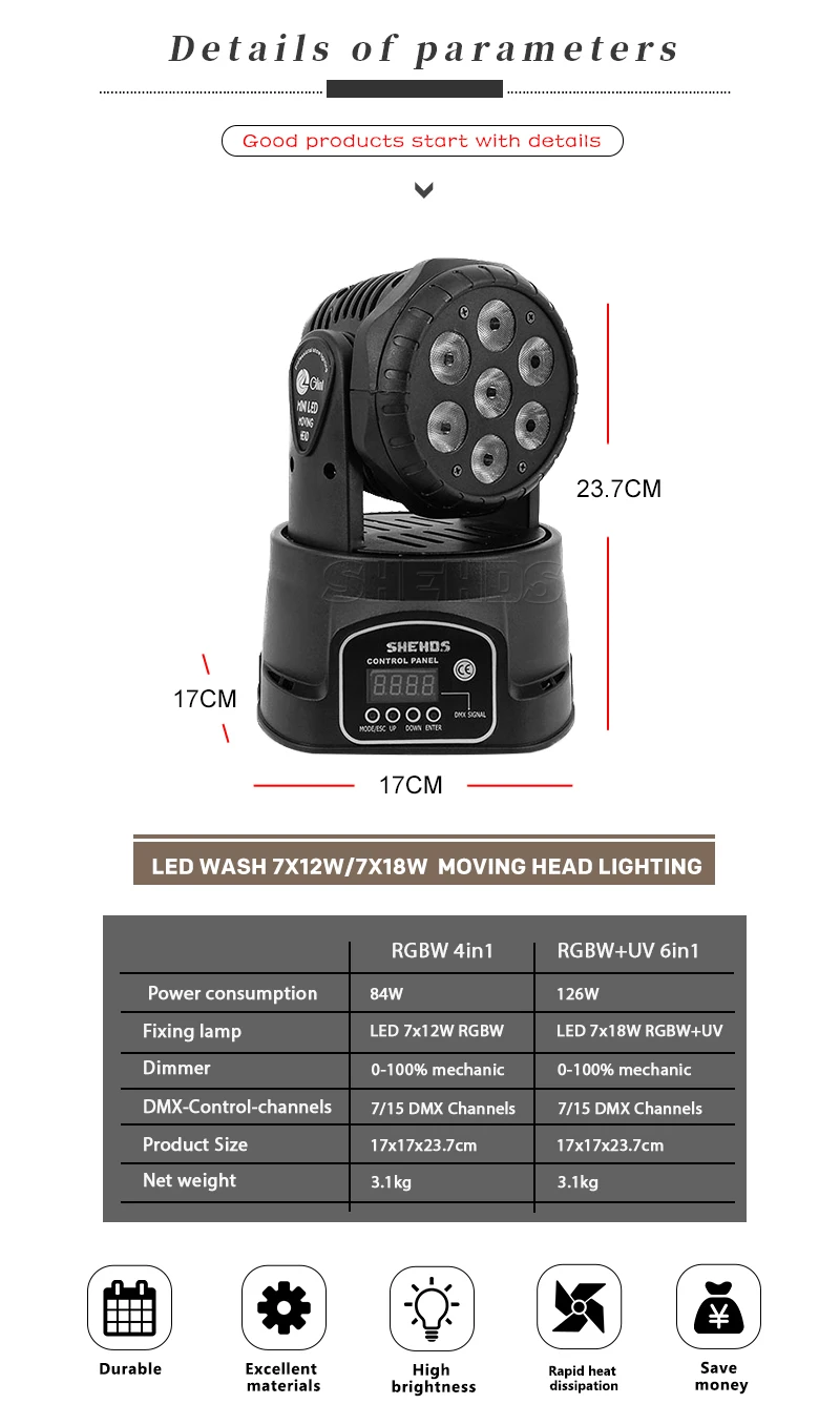 SHEHDS Wash LED 7x12W RGBW/7x18W 6IN1 Moving Head light for Disco DJ Music Party Nightclub Dance