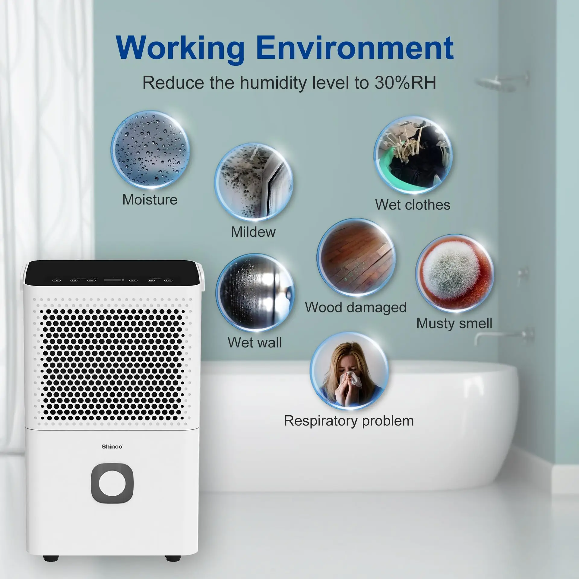 Shinco 30 Pints Dehumidifier for Home and Basements, 1500 Sq.Ft Dehumidifiers with Drain Hose, Auto or Manual Drainage