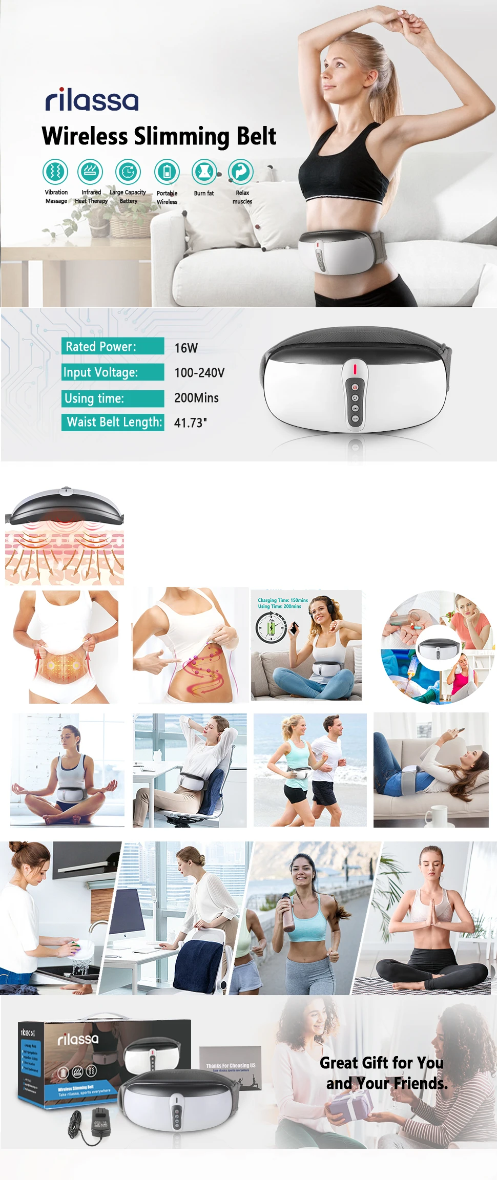 Wireless Slimming Belt Abdominal Massager Portable Weight Loss Machine with 4 Vibration Massage Modes Heating for Belly Abdomen