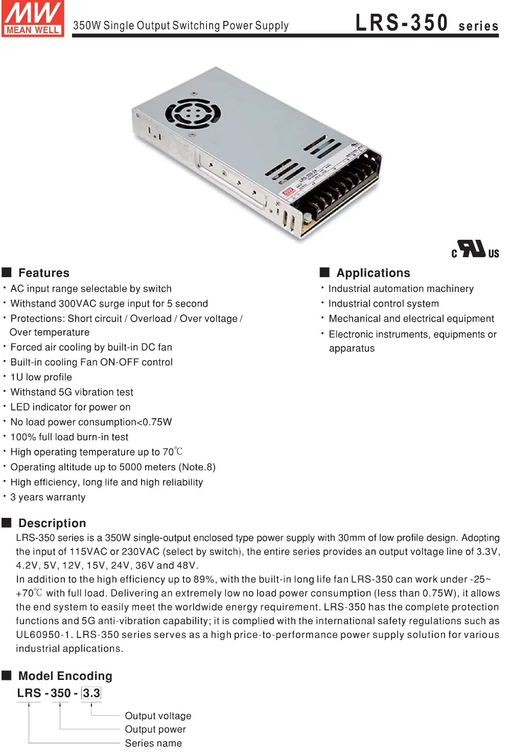 Meanwell LRS-350 220V AC to DC Power Supply 24V 36V 48V 350W Single Output Enclosed Switching Power Supply Unit
