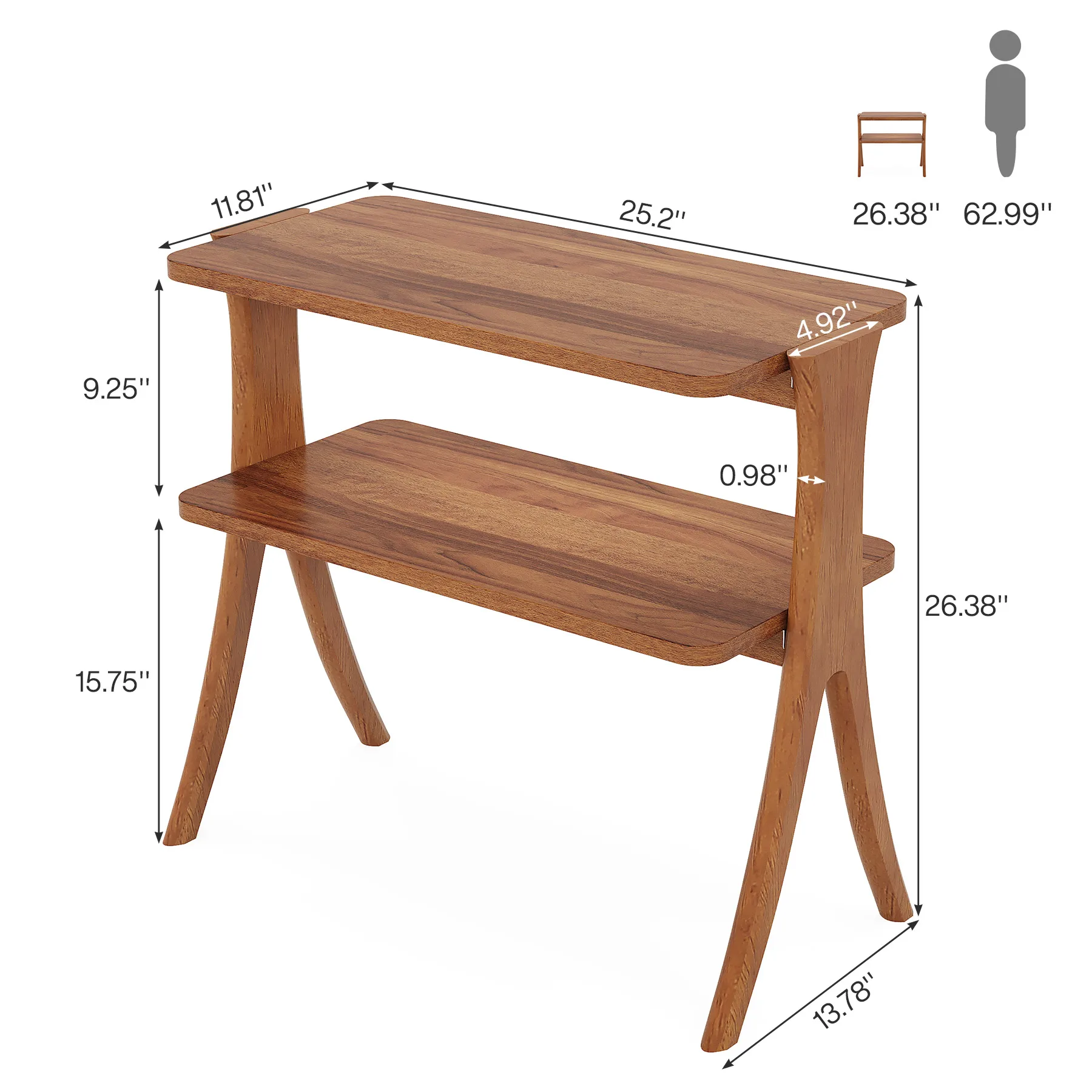 Tribesigns Walnut Side Table for Living Room, Narrow End Table with 2-Tier Storage Shelf and Solid Wood Legs, Slim Bedside Table