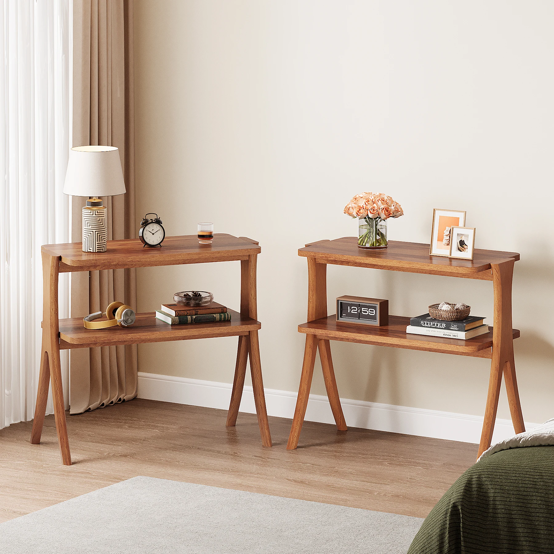 Tribesigns Walnut Side Table for Living Room, Narrow End Table with 2-Tier Storage Shelf and Solid Wood Legs, Slim Bedside Table