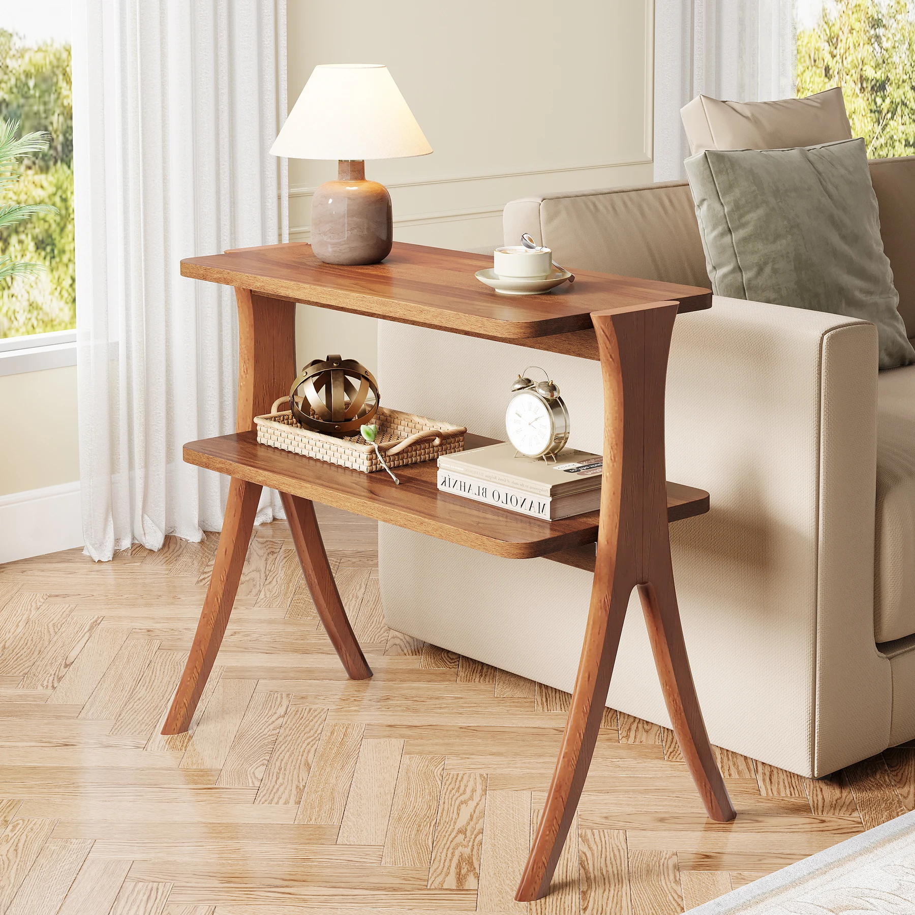 Tribesigns Walnut Side Table for Living Room, Narrow End Table with 2-Tier Storage Shelf and Solid Wood Legs, Slim Bedside Table