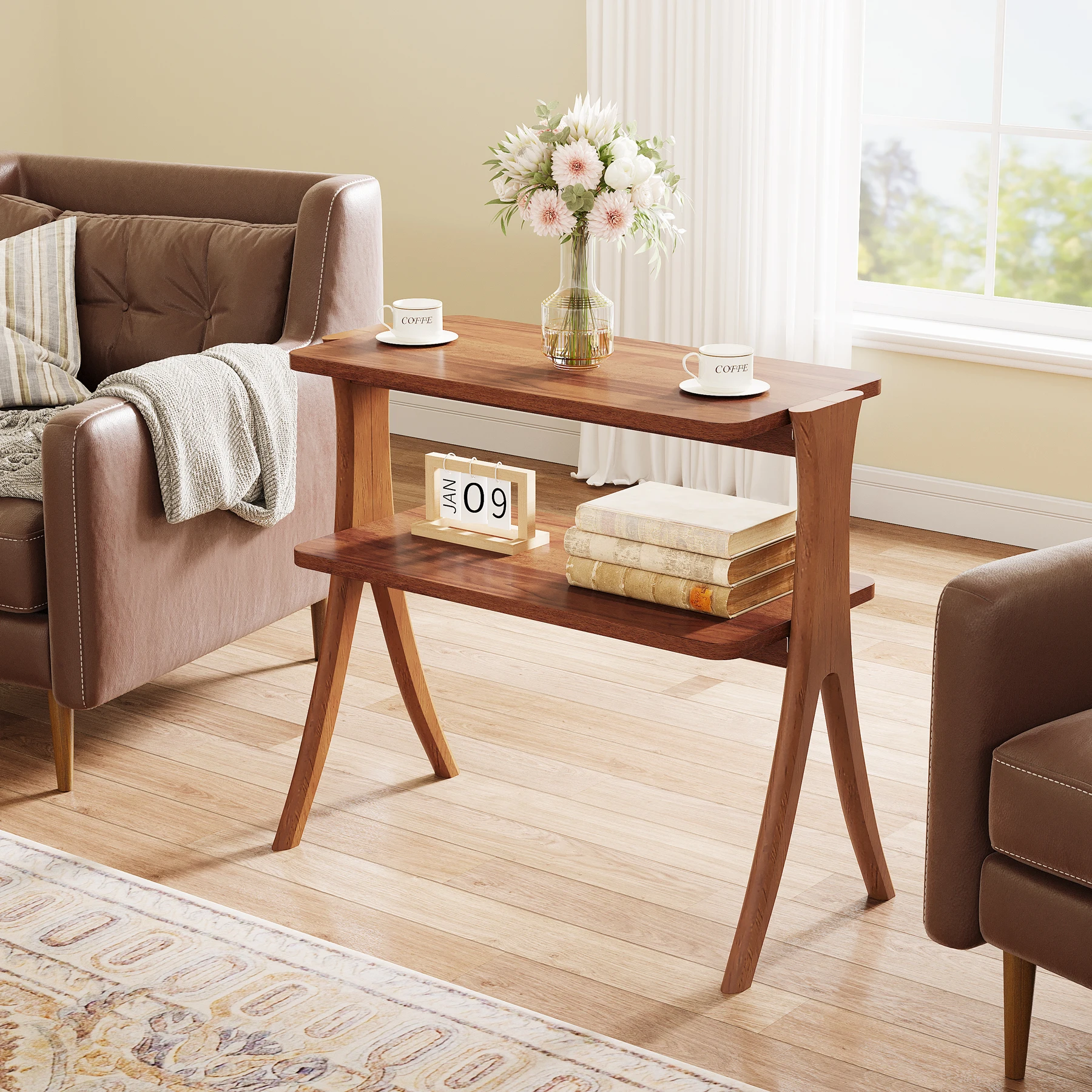 Tribesigns Walnut Side Table for Living Room, Narrow End Table with 2-Tier Storage Shelf and Solid Wood Legs, Slim Bedside Table