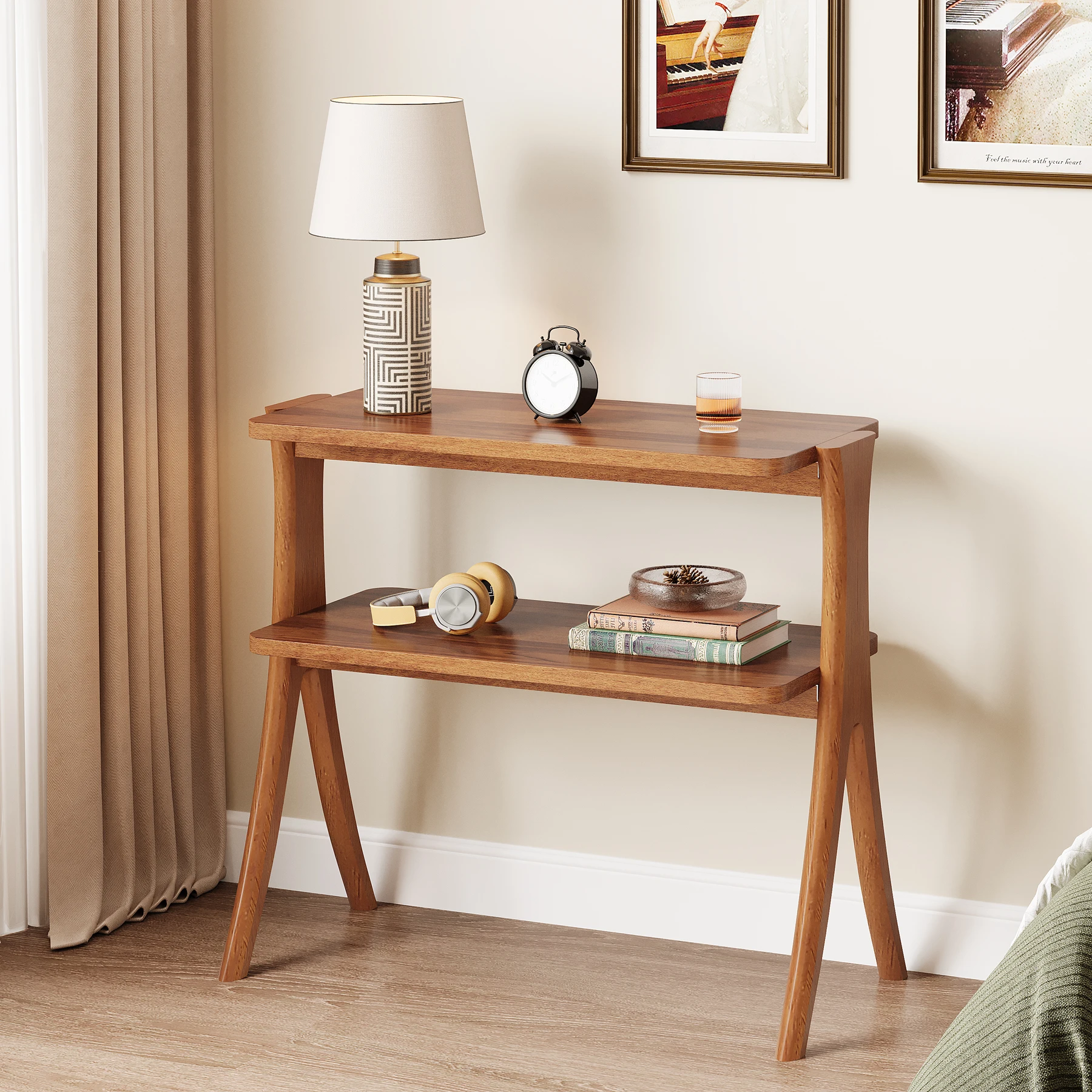 Tribesigns Walnut Side Table for Living Room, Narrow End Table with 2-Tier Storage Shelf and Solid Wood Legs, Slim Bedside Table