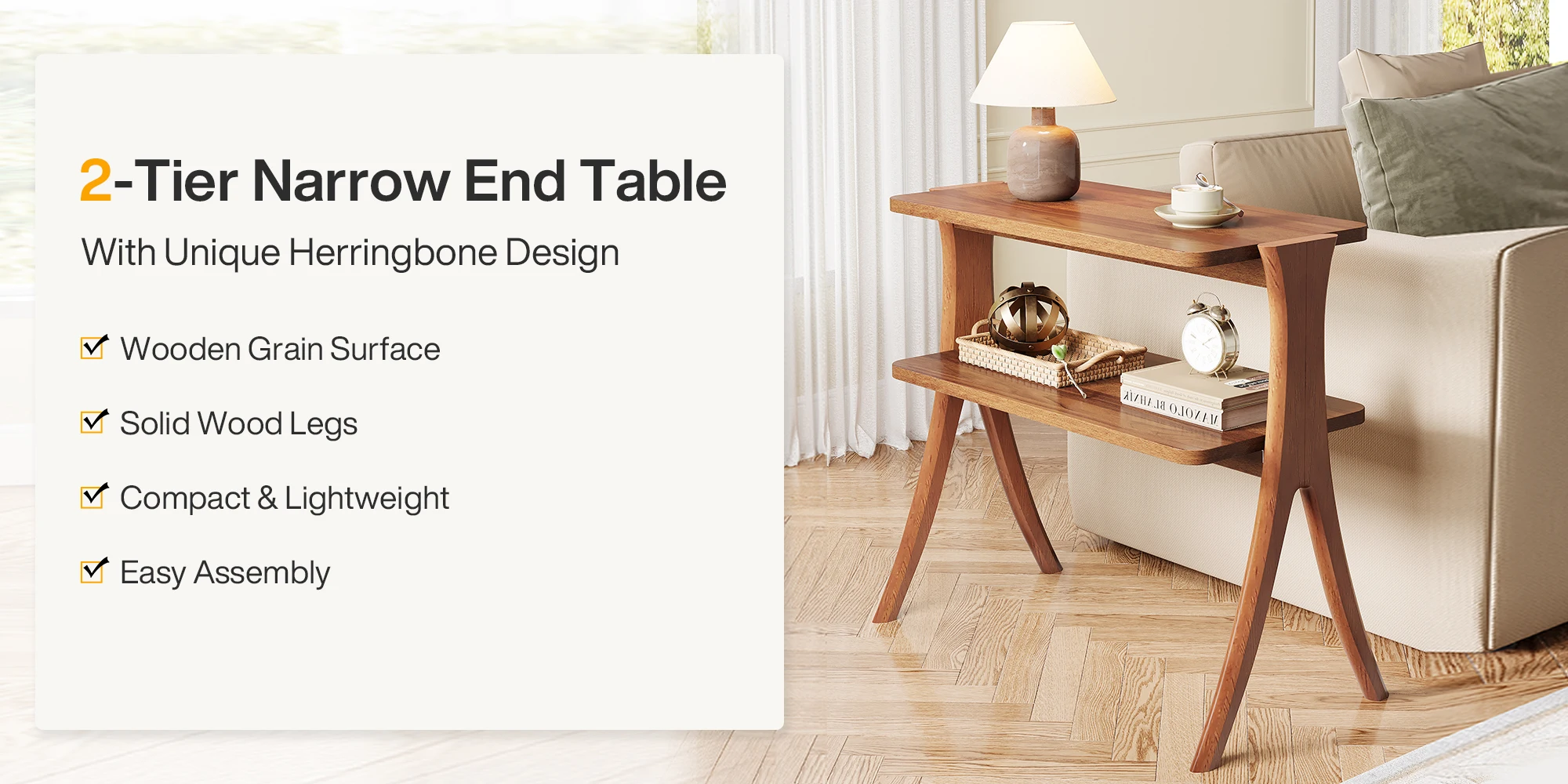 Tribesigns Walnut Side Table for Living Room, Narrow End Table with 2-Tier Storage Shelf and Solid Wood Legs, Slim Bedside Table