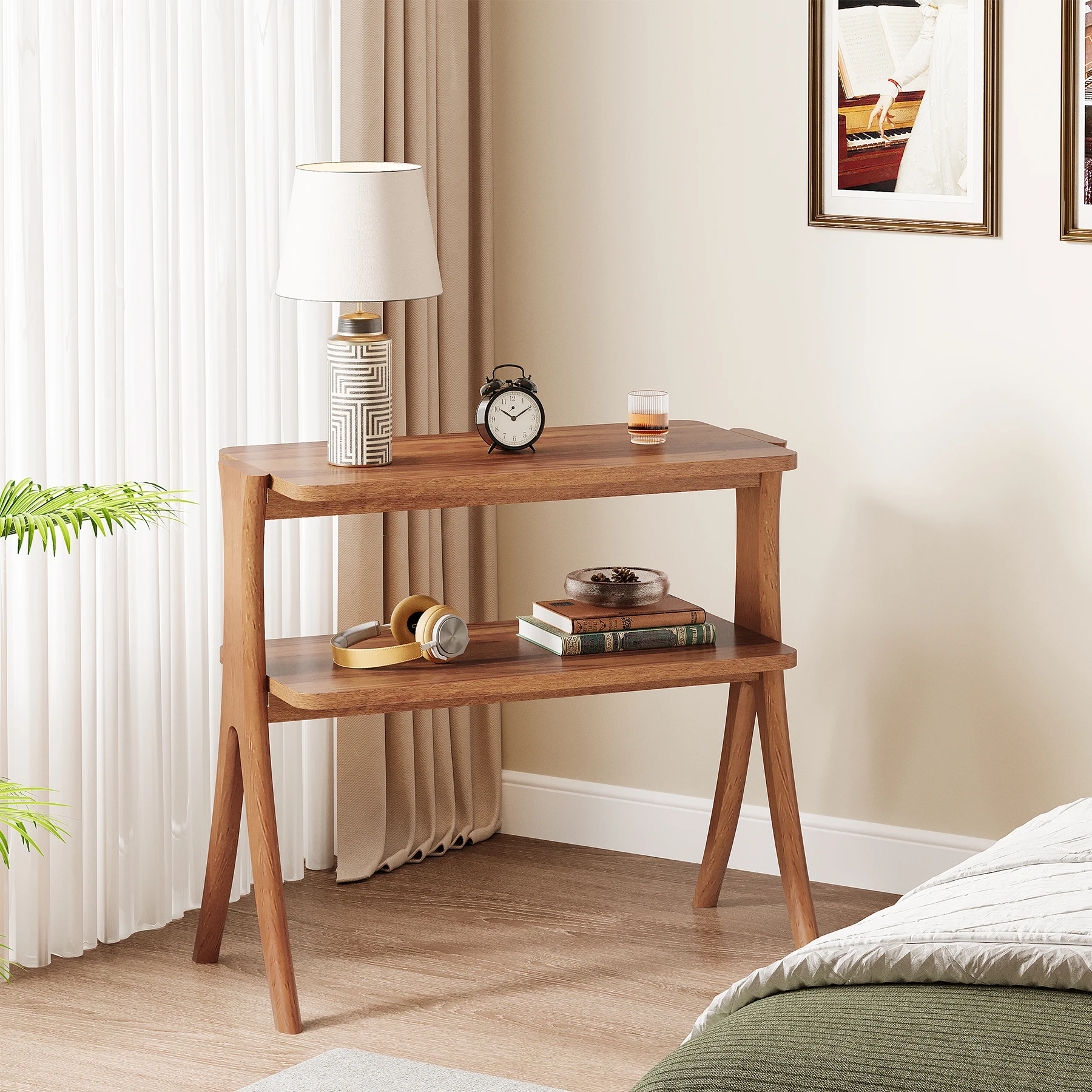 Tribesigns Walnut Side Table for Living Room, Narrow End Table with 2-Tier Storage Shelf and Solid Wood Legs, Slim Bedside Table