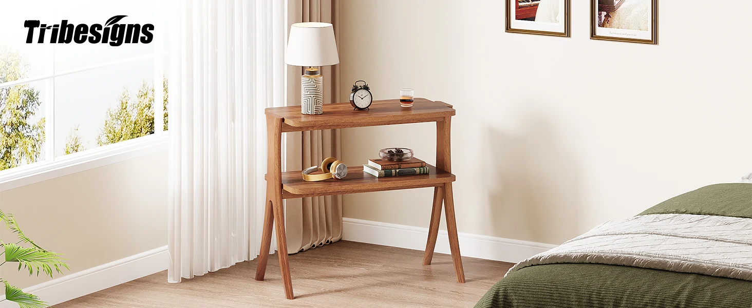 Tribesigns Walnut Side Table for Living Room, Narrow End Table with 2-Tier Storage Shelf and Solid Wood Legs, Slim Bedside Table