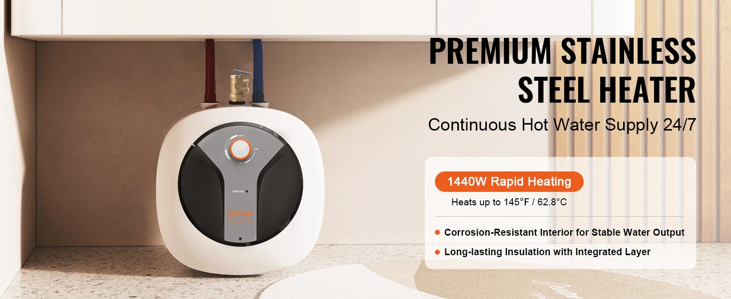 SucceBuy Electric Mini-Tank Water Heater 1440W Hot Water Boiler Storage for Kichen Bathroom Restaurant Shelf Wall Floor Mounted