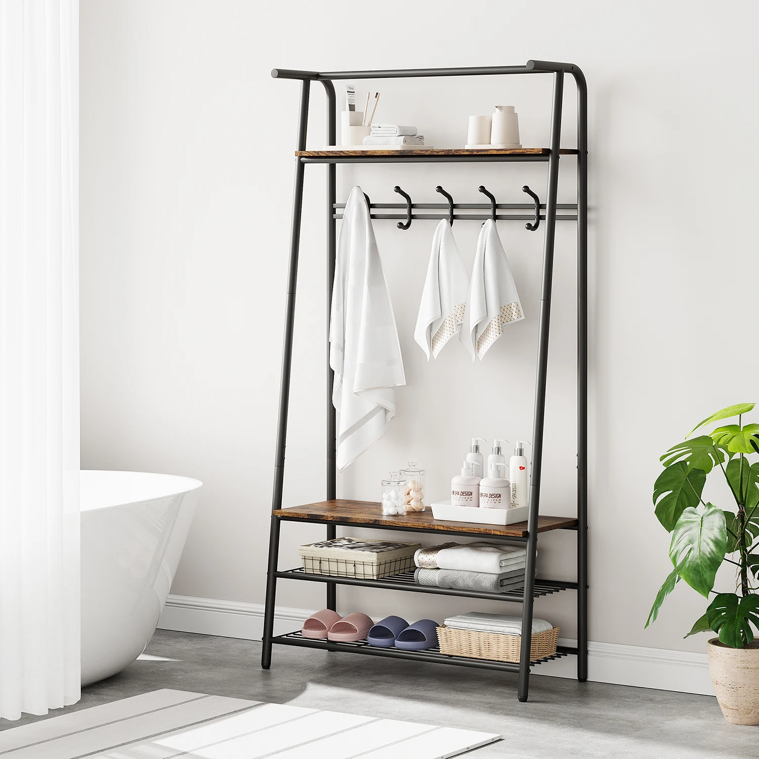 Coat Rack Shoe Bench, 4-in-1 Hall Trees Entryway Bench with Coat Rack and Shoe Rack, Steel Frame Storage Shelf and Hanging Bar