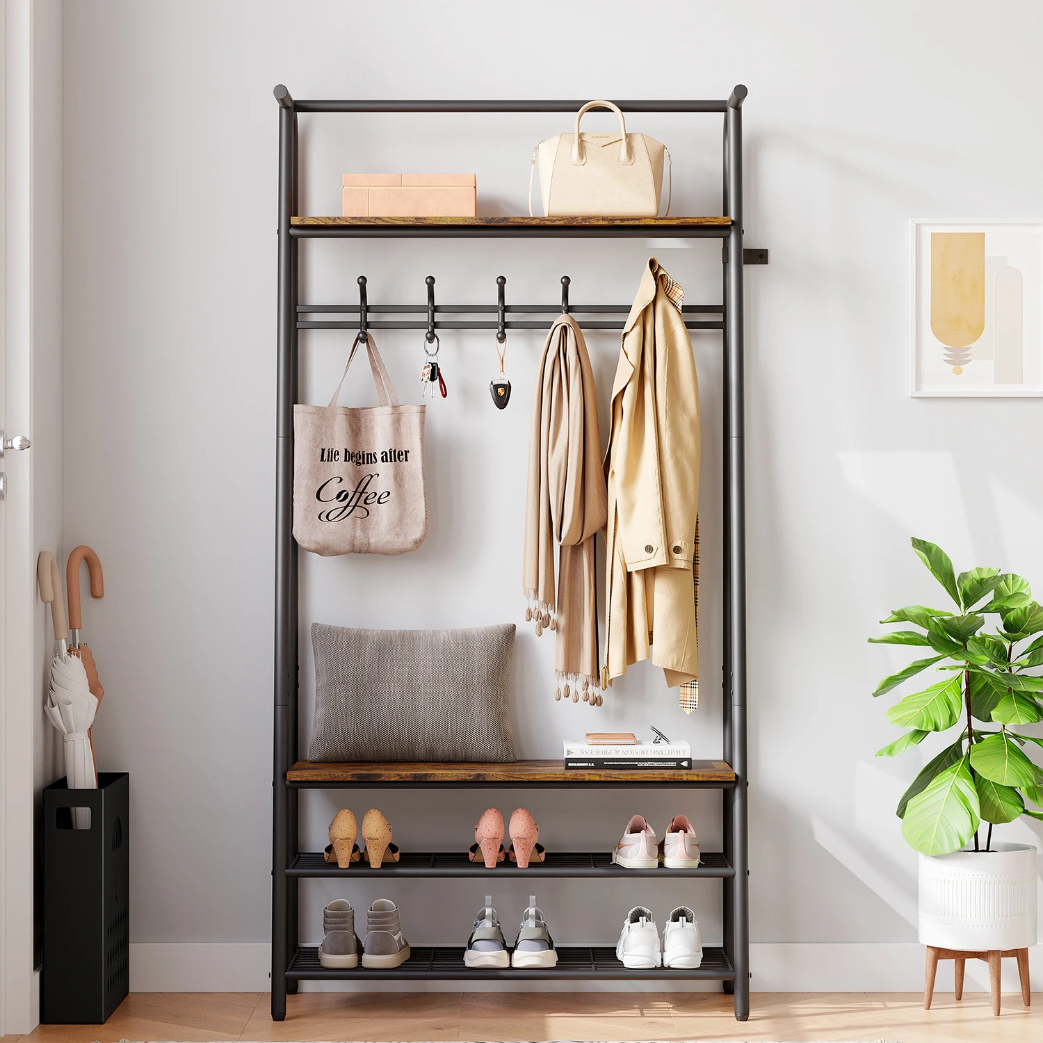 Coat Rack Shoe Bench, 4-in-1 Hall Trees Entryway Bench with Coat Rack and Shoe Rack, Steel Frame Storage Shelf and Hanging Bar