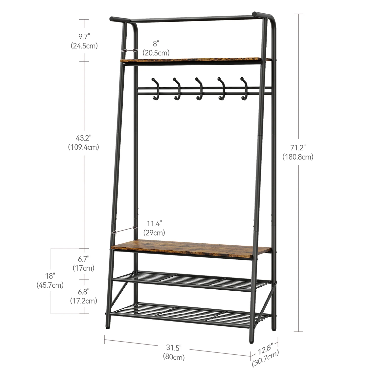 Coat Rack Shoe Bench, 4-in-1 Hall Trees Entryway Bench with Coat Rack and Shoe Rack, Steel Frame Storage Shelf and Hanging Bar