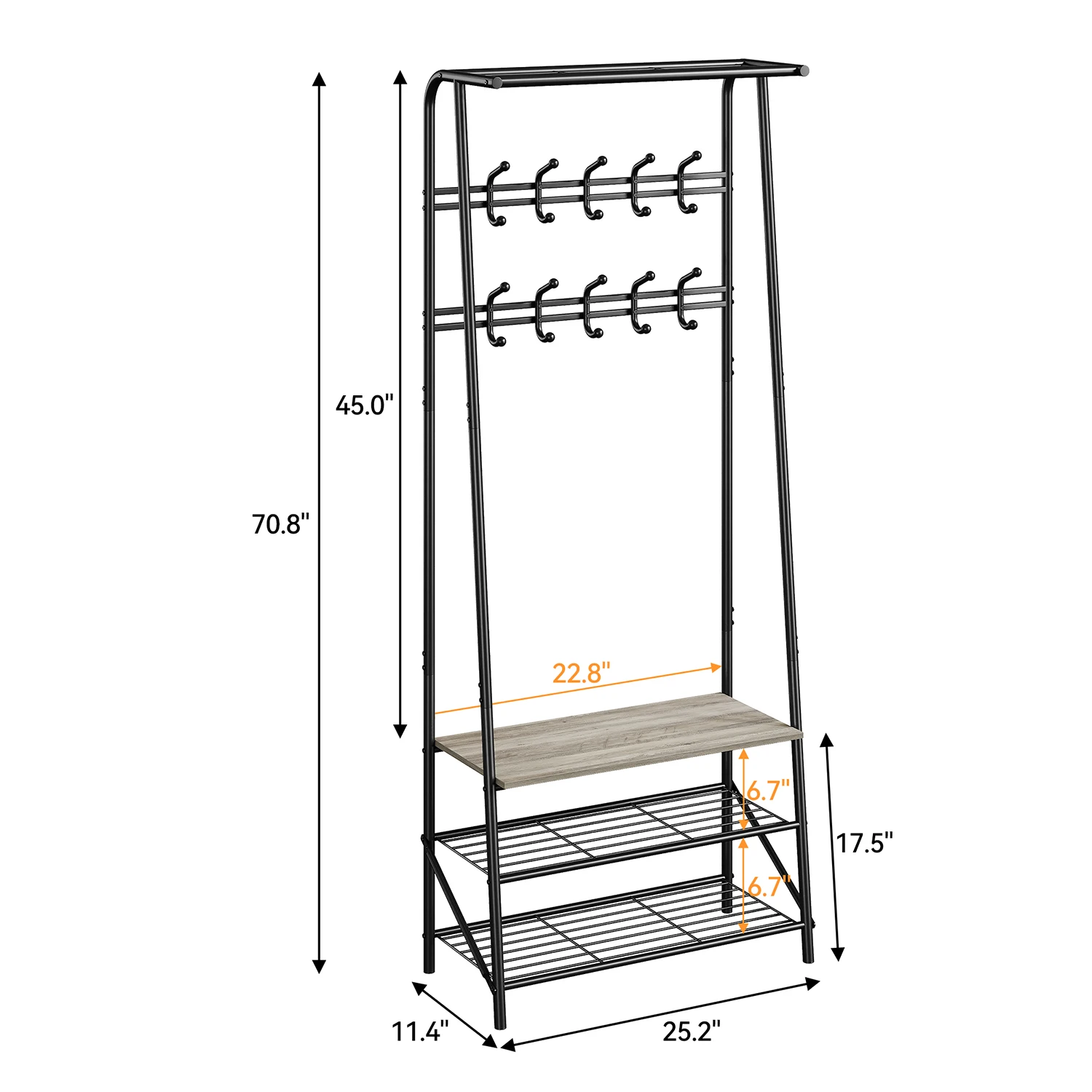 Coat Rack Shoe Bench, 4-in-1 Hall Trees Entryway Bench with Coat Rack and Shoe Rack, Steel Frame Storage Shelf and Hanging Bar