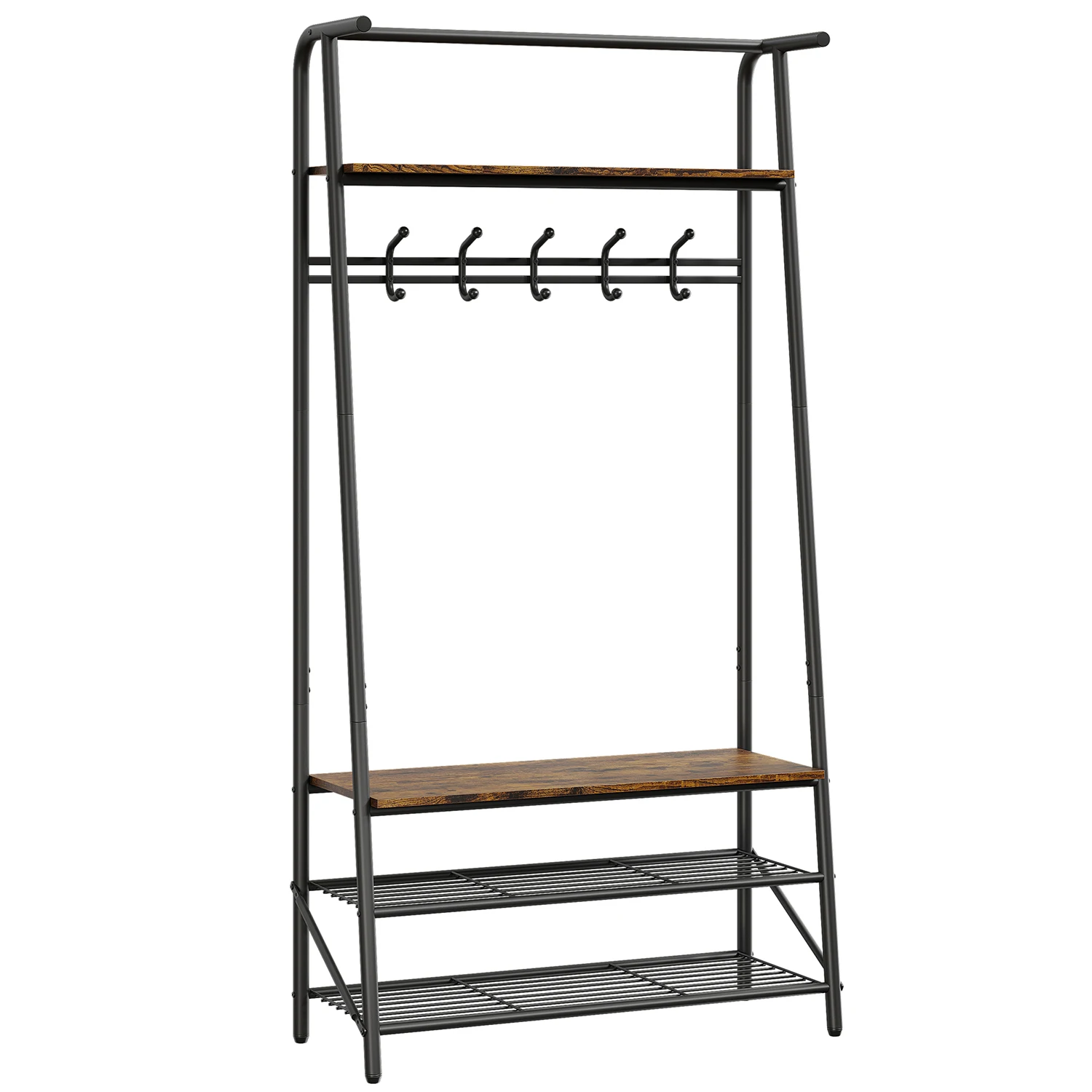 Coat Rack Shoe Bench, 4-in-1 Hall Trees Entryway Bench with Coat Rack and Shoe Rack, Steel Frame Storage Shelf and Hanging Bar