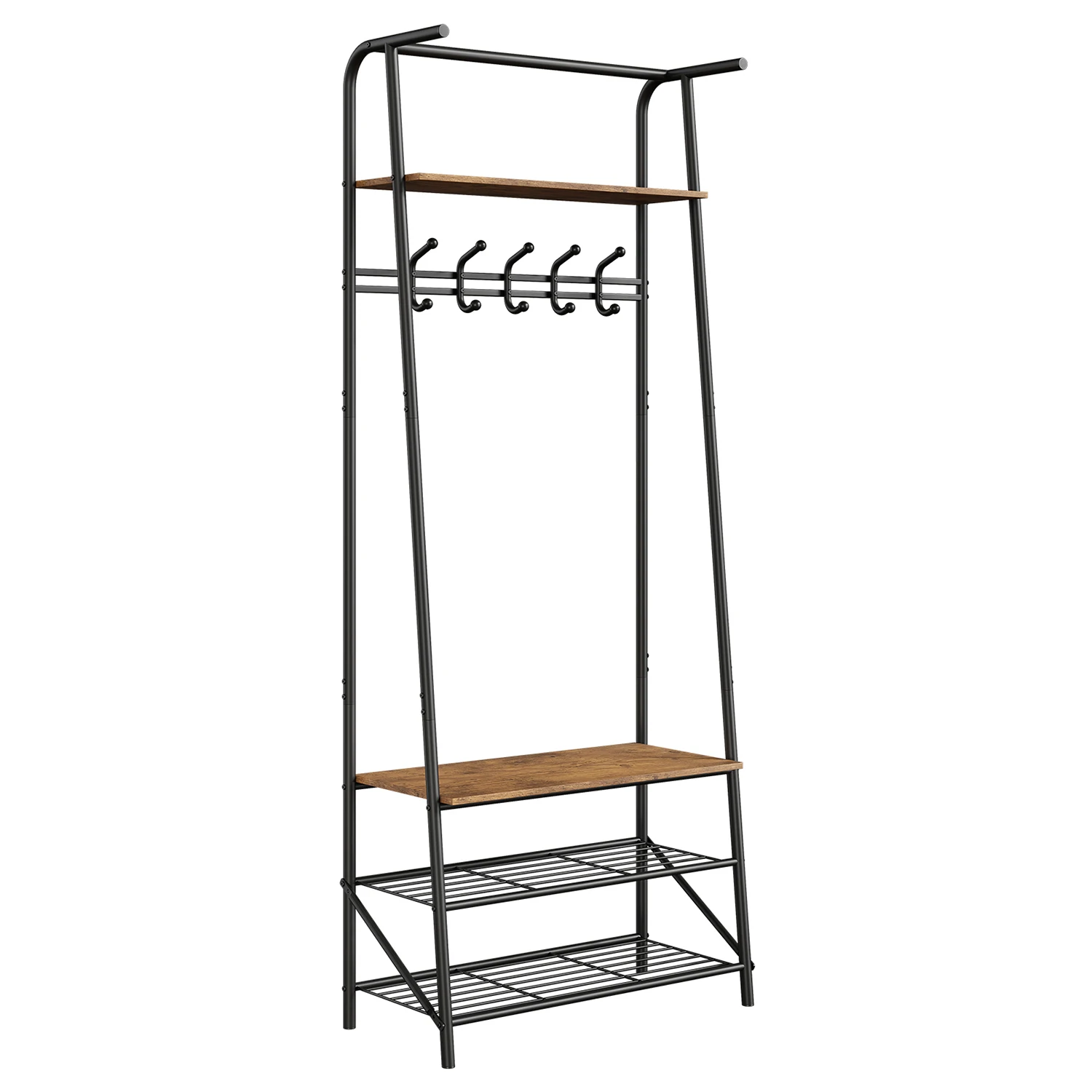 Coat Rack Shoe Bench, 4-in-1 Hall Trees Entryway Bench with Coat Rack and Shoe Rack, Steel Frame Storage Shelf and Hanging Bar