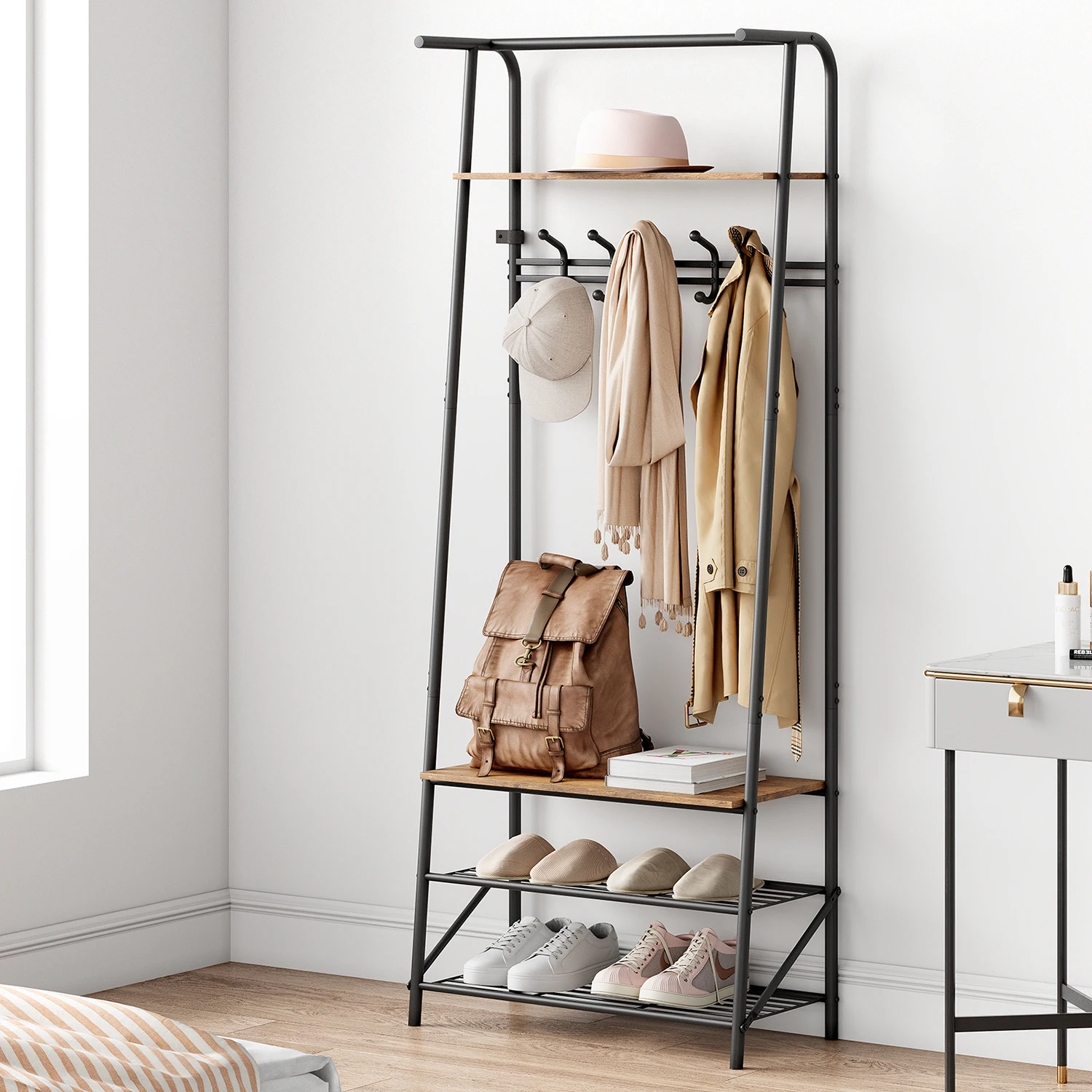Coat Rack Shoe Bench, 4-in-1 Hall Trees Entryway Bench with Coat Rack and Shoe Rack, Steel Frame Storage Shelf and Hanging Bar