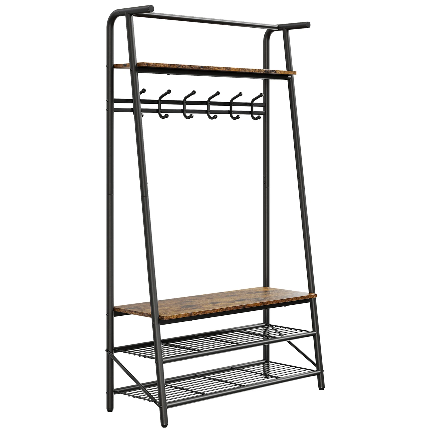 Coat Rack Shoe Bench, 4-in-1 Hall Trees Entryway Bench with Coat Rack and Shoe Rack, Steel Frame Storage Shelf and Hanging Bar