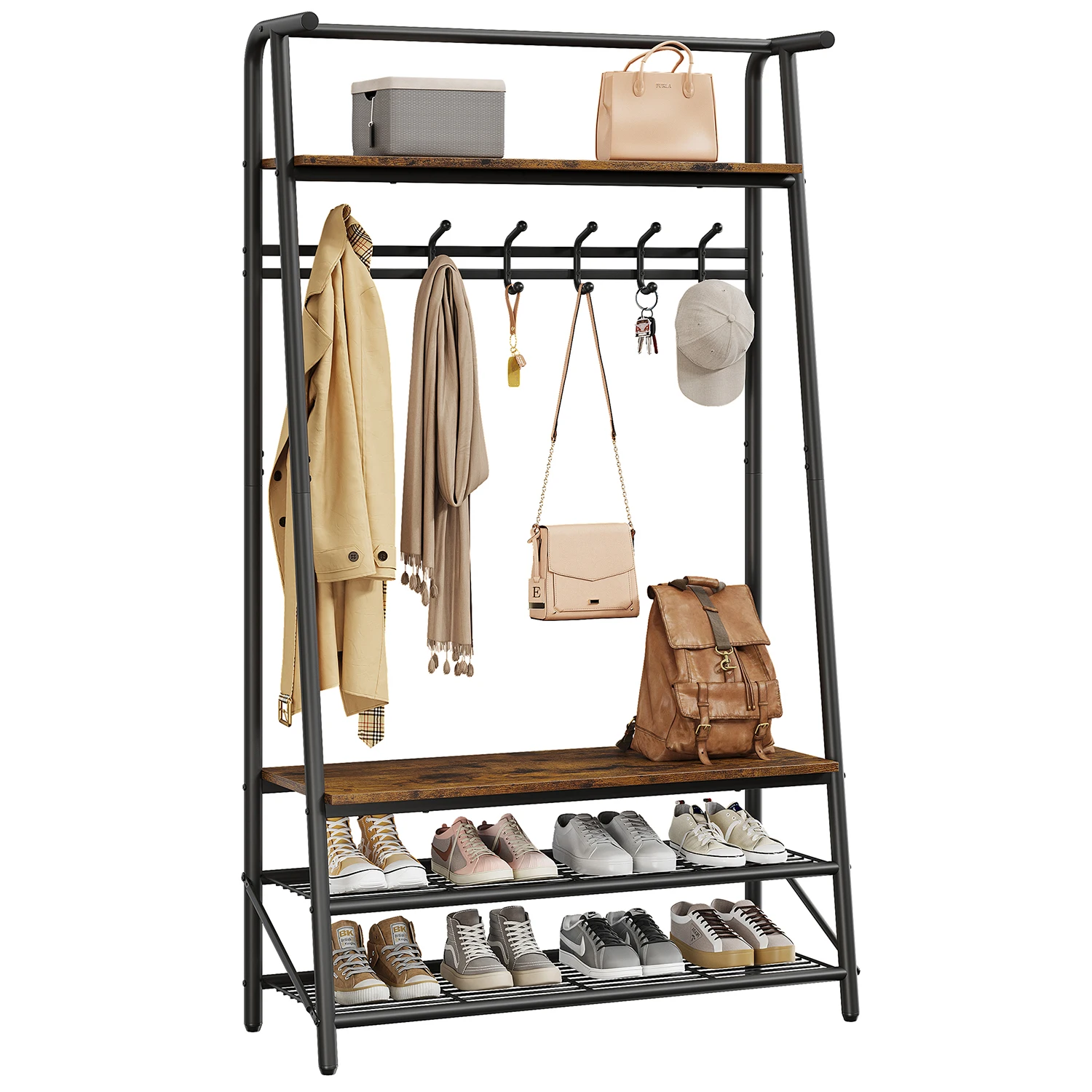 Coat Rack Shoe Bench, 4-in-1 Hall Trees Entryway Bench with Coat Rack and Shoe Rack, Steel Frame Storage Shelf and Hanging Bar