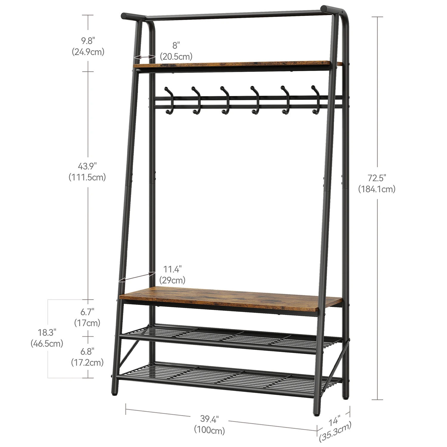Coat Rack Shoe Bench, 4-in-1 Hall Trees Entryway Bench with Coat Rack and Shoe Rack, Steel Frame Storage Shelf and Hanging Bar