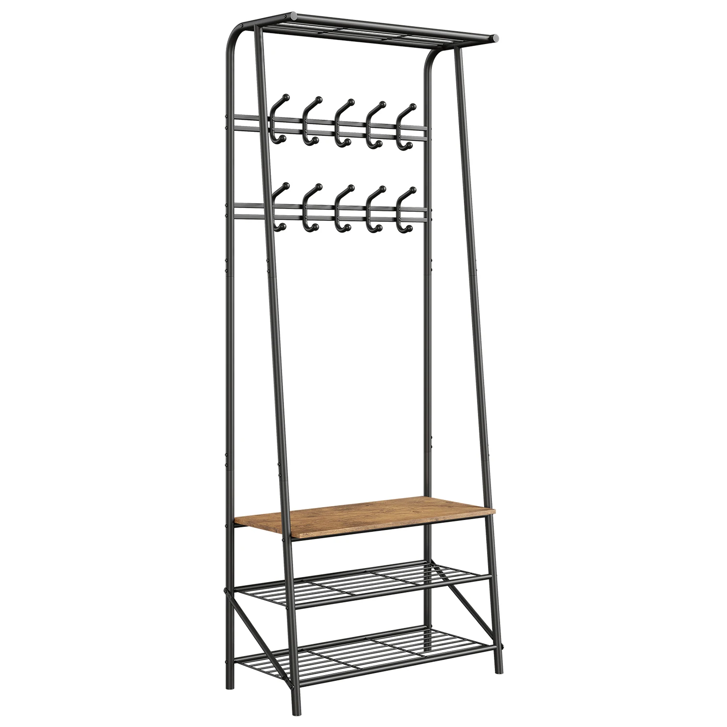 Coat Rack Shoe Bench, 4-in-1 Hall Trees Entryway Bench with Coat Rack and Shoe Rack, Steel Frame Storage Shelf and Hanging Bar