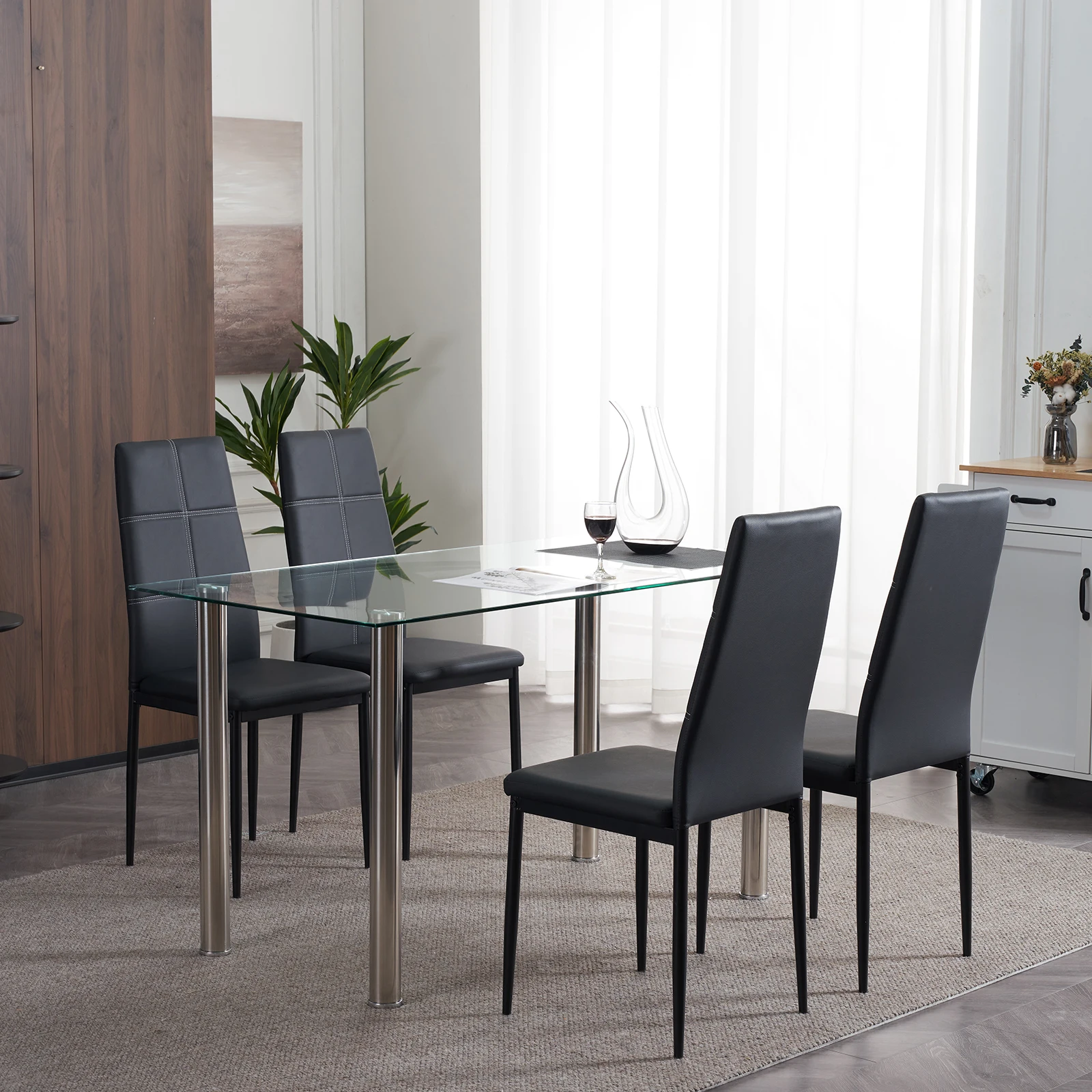 L Super Stable 4-Pieces Black Dining Chairs Texture High Backrest Dining Chairs For Dining Room