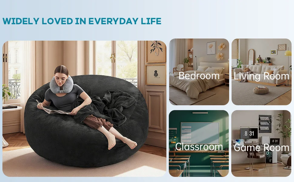 120CM×120CM×60CM, adult beanbag chair with padded beanbag inside, memory foam chair, soft flannel washable cover, ideal reading seat for bedrooms and dorms.