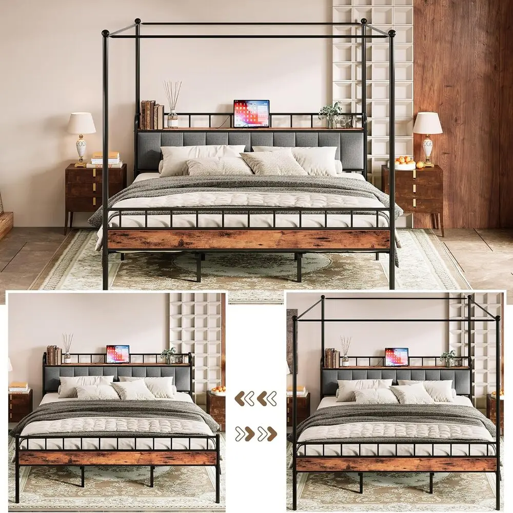 LIKIMIO Canopy Bed Frame Queen, Storage Headboard with Charging Station, Platform Bed with 4 Removable Sturdy Posts, Noise Free
