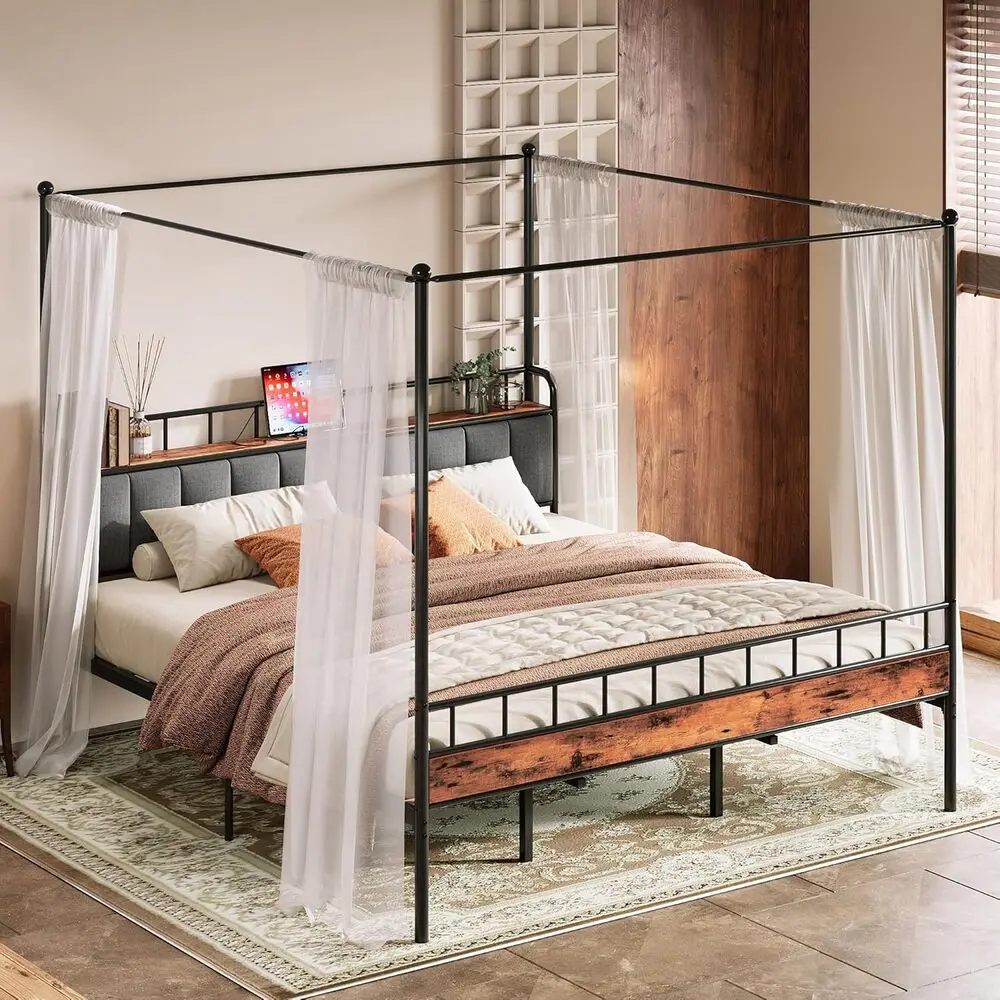 LIKIMIO Canopy Bed Frame Queen, Storage Headboard with Charging Station, Platform Bed with 4 Removable Sturdy Posts, Noise Free