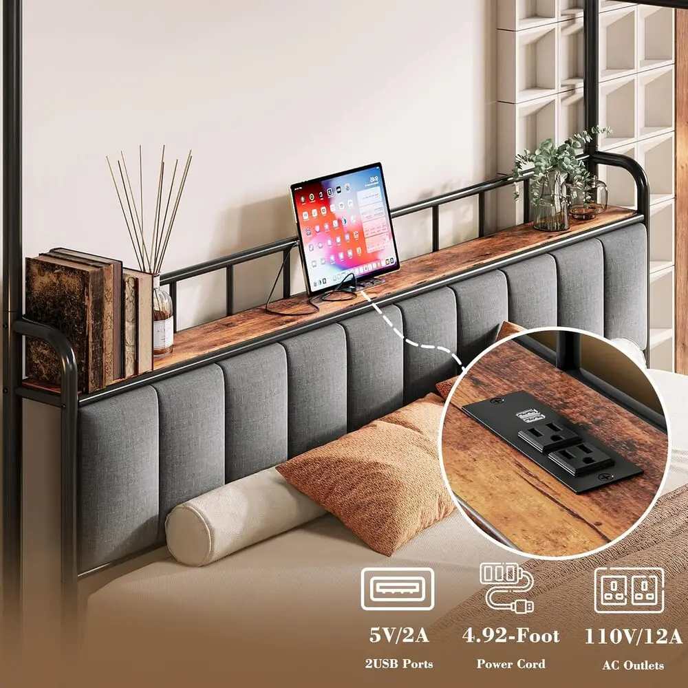 LIKIMIO Canopy Bed Frame Queen, Storage Headboard with Charging Station, Platform Bed with 4 Removable Sturdy Posts, Noise Free