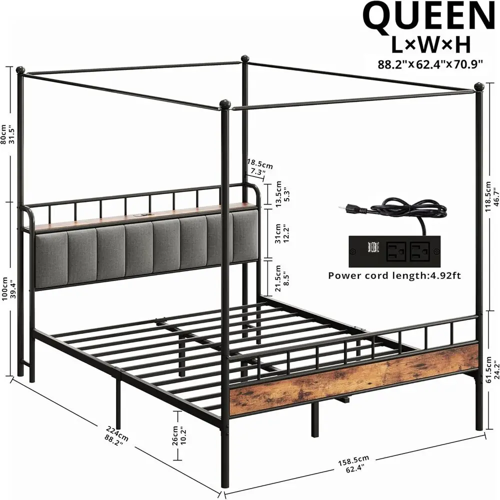 LIKIMIO Canopy Bed Frame Queen, Storage Headboard with Charging Station, Platform Bed with 4 Removable Sturdy Posts, Noise Free