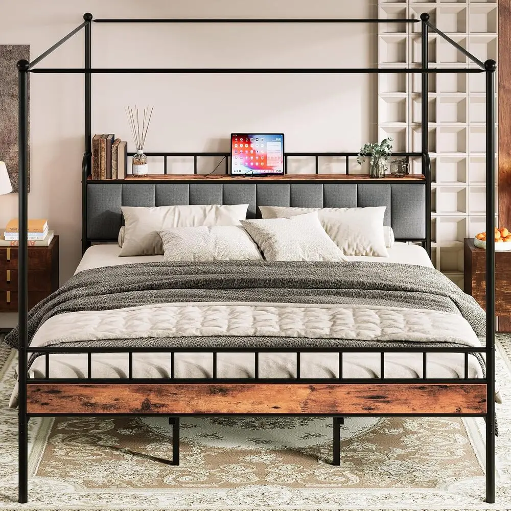 LIKIMIO Canopy Bed Frame Queen, Storage Headboard with Charging Station, Platform Bed with 4 Removable Sturdy Posts, Noise Free