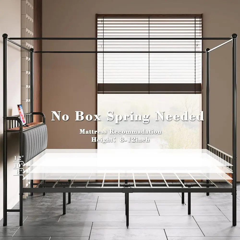 LIKIMIO Canopy Bed Frame Queen, Storage Headboard with Charging Station, Platform Bed with 4 Removable Sturdy Posts, Noise Free