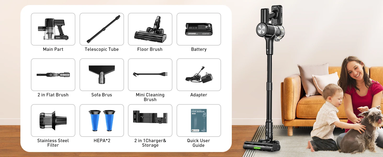 Cordless Vacuum Cleaner, 55Kpa/55Mins Vacuum Cleaners for Home, Anti-tangle Stick Vacuum with Self-Standing, Wall Mount Charging