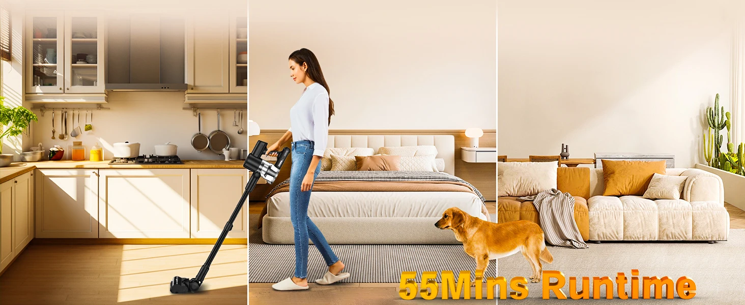 Cordless Vacuum Cleaner, 55Kpa/55Mins Vacuum Cleaners for Home, Anti-tangle Stick Vacuum with Self-Standing, Wall Mount Charging
