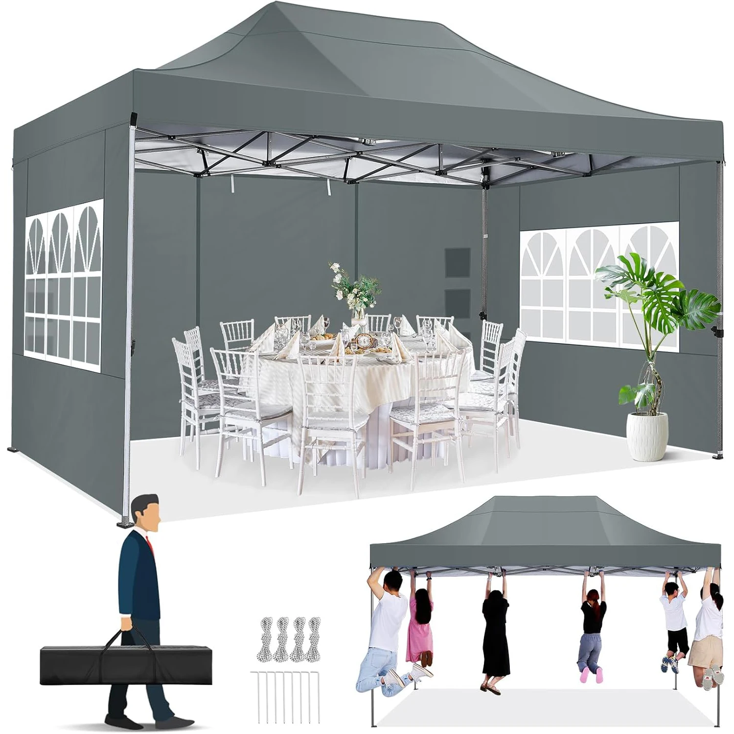 10x15 FT Pop Up Canopy Tent with Removable Sidewalls, Heavy Duty Foldable Ez Up Canopy,Frame Steel Waterproof UPF50+ Outdoor Instant Gazebo for Party Wedding Backyard Patio Event, Portable with Carry Bag & Sand Bags Windproof Commercial Shelter