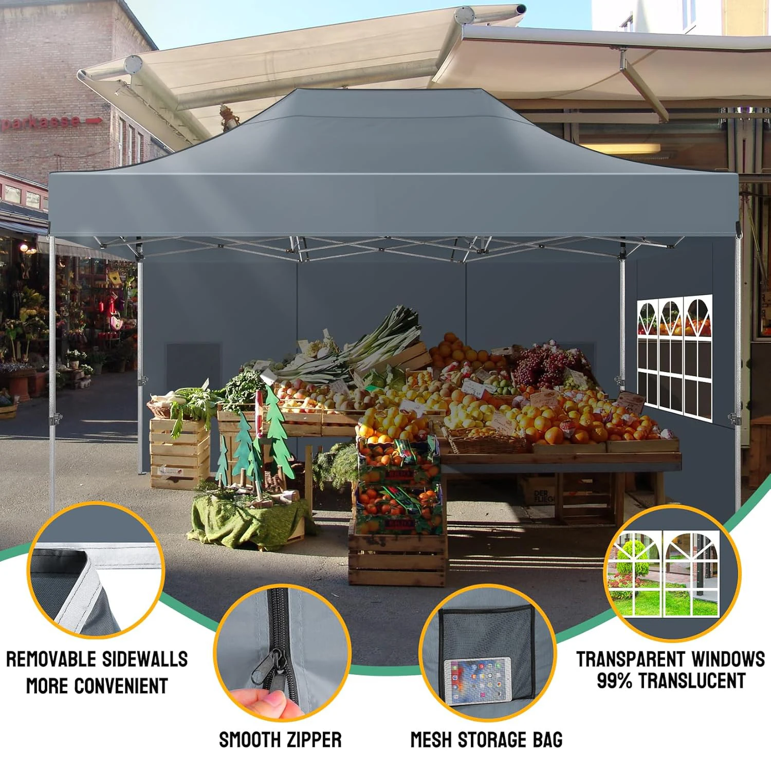 10x15 FT Pop Up Canopy Tent with Removable Sidewalls, Heavy Duty Foldable Ez Up Canopy,Frame Steel Waterproof UPF50+ Outdoor Instant Gazebo for Party Wedding Backyard Patio Event, Portable with Carry Bag & Sand Bags Windproof Commercial Shelter