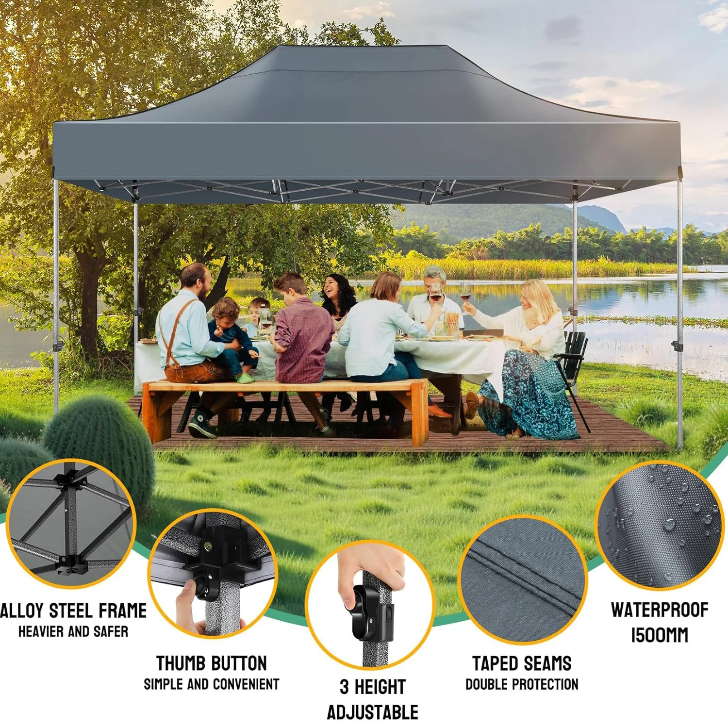 10x15 FT Pop Up Canopy Tent with Removable Sidewalls, Heavy Duty Foldable Ez Up Canopy,Frame Steel Waterproof UPF50+ Outdoor Instant Gazebo for Party Wedding Backyard Patio Event, Portable with Carry Bag & Sand Bags Windproof Commercial Shelter