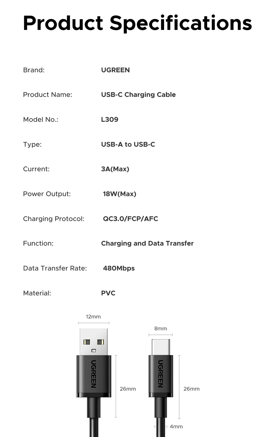 UGREEN USB-A to Type-C Cable for iPhone 17/16 Samsung S26/25/24 Xiaomi Pixel LG USB2.0 Data Cable 3A 18W Charging Cable 0.25-3M