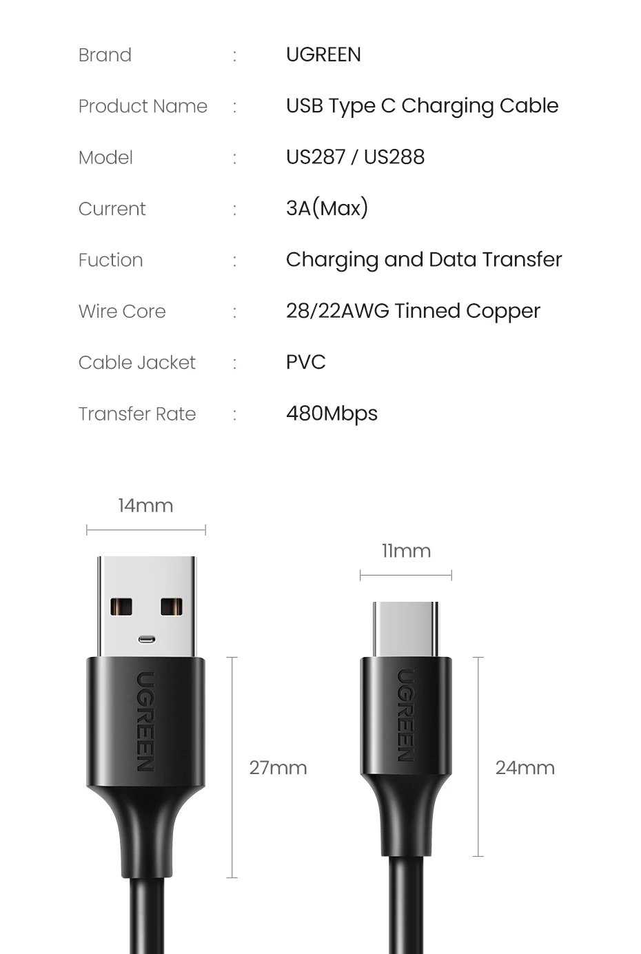 UGREEN USB-A to Type-C Cable for iPhone 17/16 Samsung S26/25/24 Xiaomi Pixel LG USB2.0 Data Cable 3A 18W Charging Cable 0.25-3M