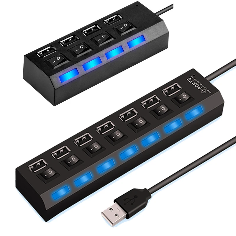 High Speed 4/7 Ports USB HUB 2.0 Adapter Expander Multi USB Splitter Multiple Extender with LED Lamp Switch for PC Laptop